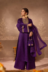 Purple Gajji Silk Embroidered Kurta Set with Organza Dupatta