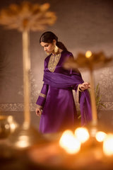Purple Gajji Silk Embroidered Kurta Set with Organza Dupatta
