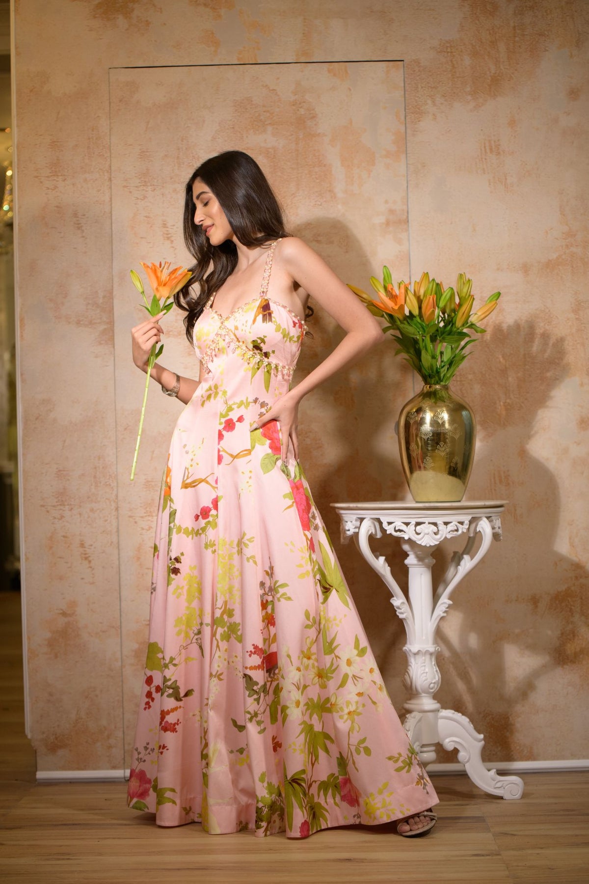 Off-White Multi-Colour Modal Satin Kalidaar Gown