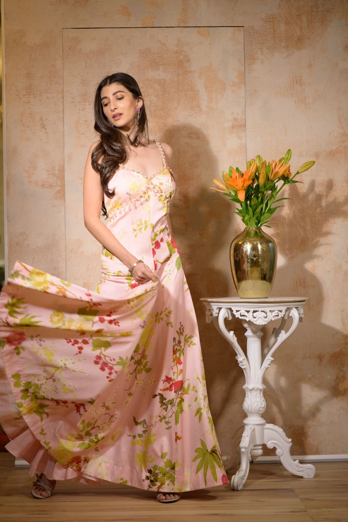 Off-White Multi-Colour Modal Satin Kalidaar Gown