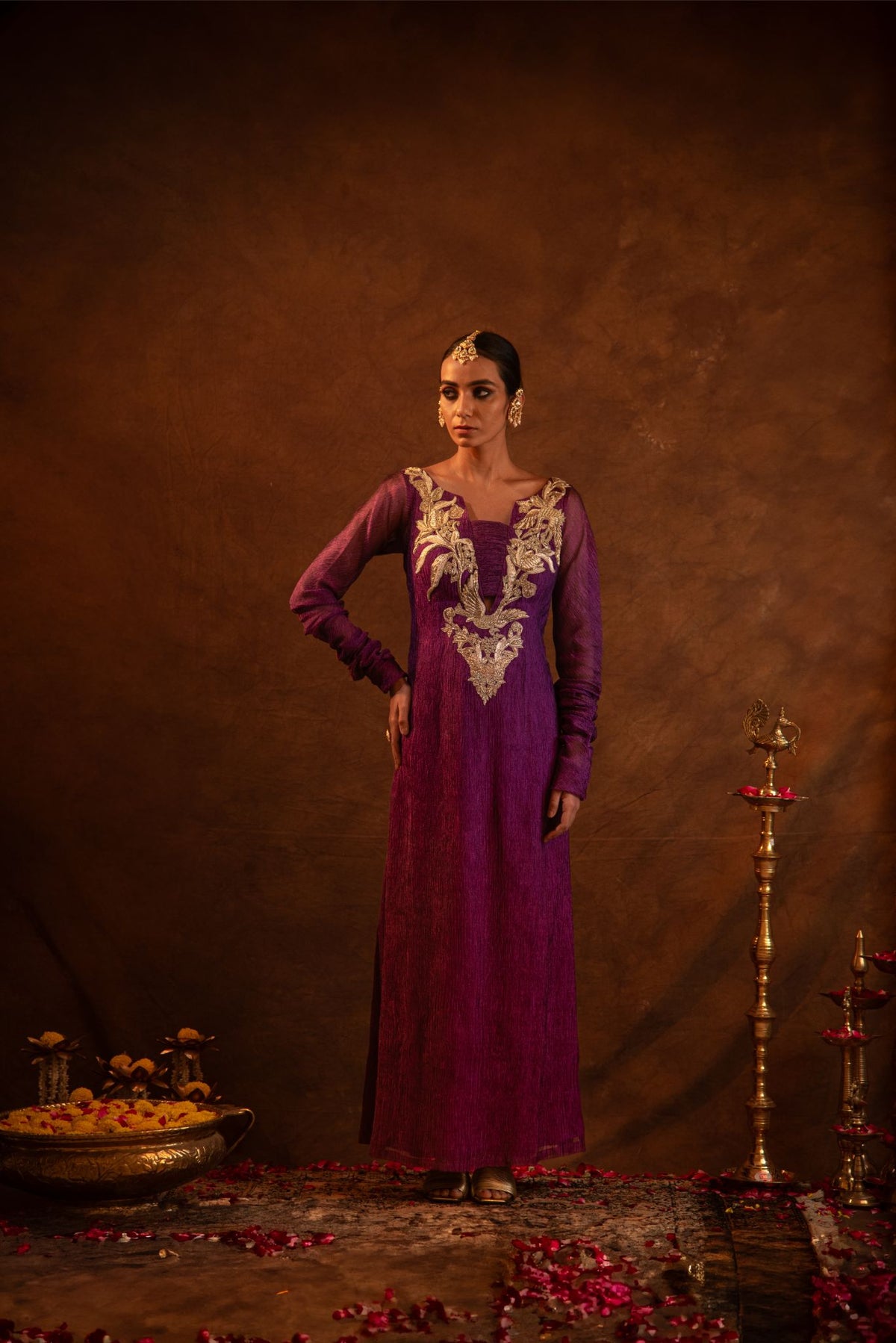 Purple Tissue Swan Embroidered Dress