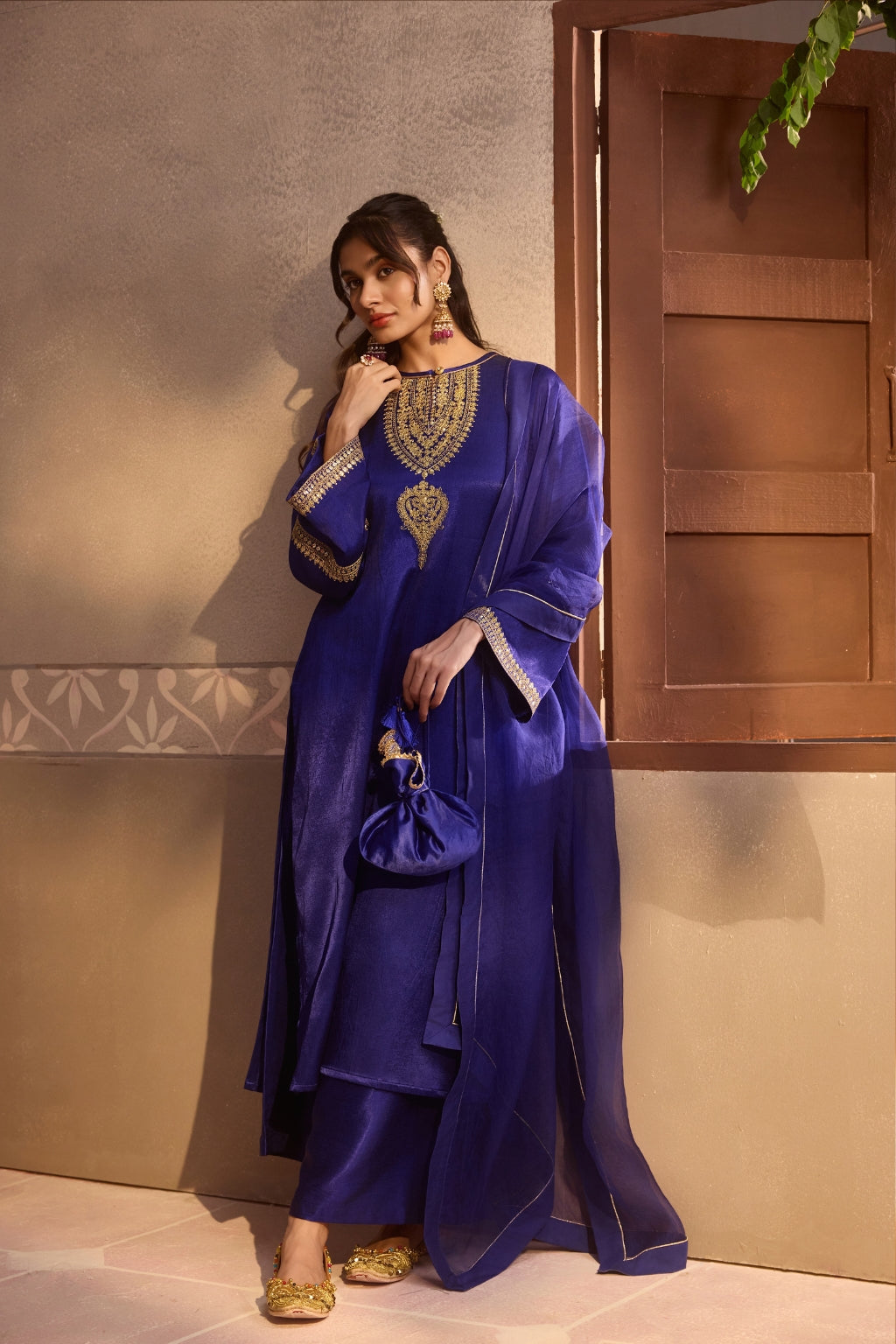 Royal Sapphire Gajji Silk Festive Kurta Set with Organza Dupatta