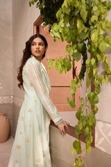 Mint Green Chanderi Long Jacket with Sleeveless Cotton Dress