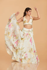 Off-White Multi-Colour Organza Lehenga With Blouse & Dupatta