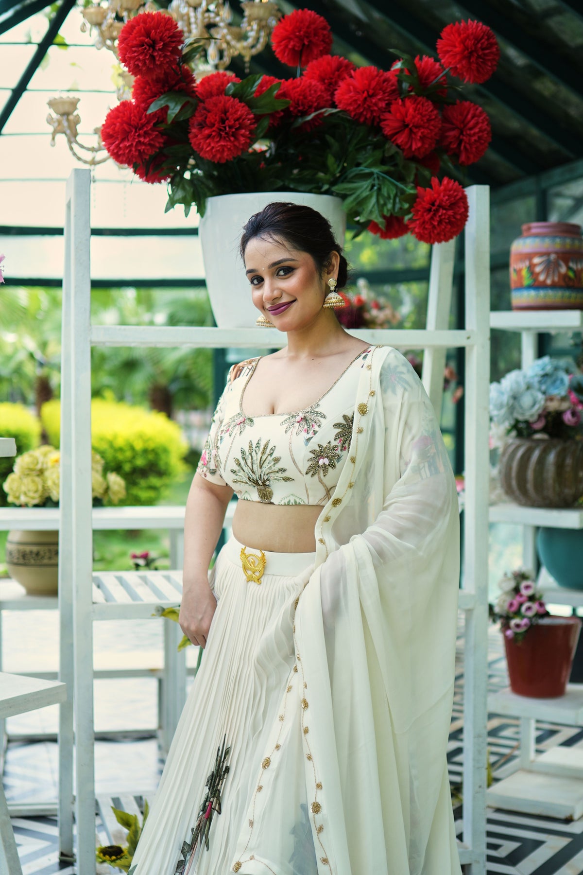 Ivory Botanical Pleated Lehenga Set