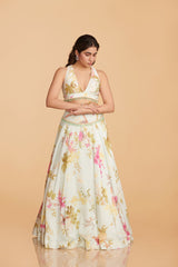 Off-White Multi-Colour Organza Lehenga With Blouse & Dupatta
