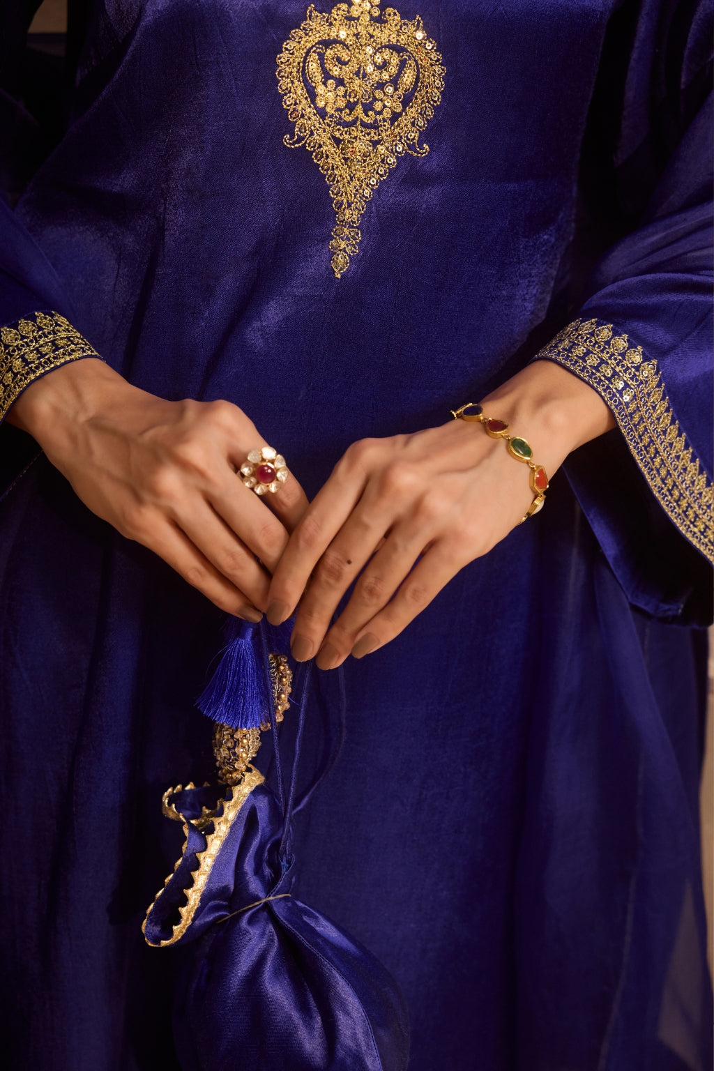 Royal Sapphire Gajji Silk Festive Kurta Set with Organza Dupatta