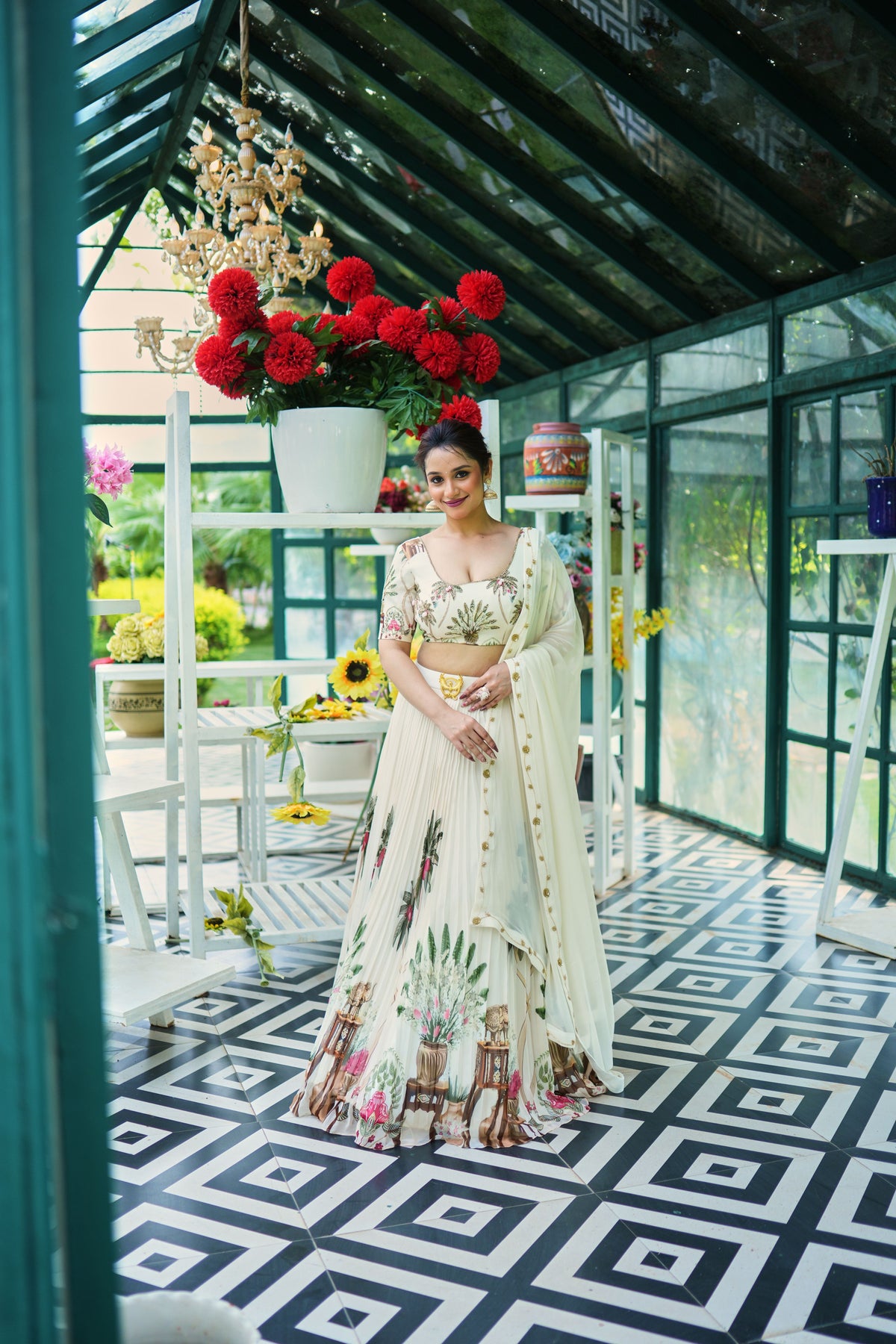 Ivory Botanical Pleated Lehenga Set