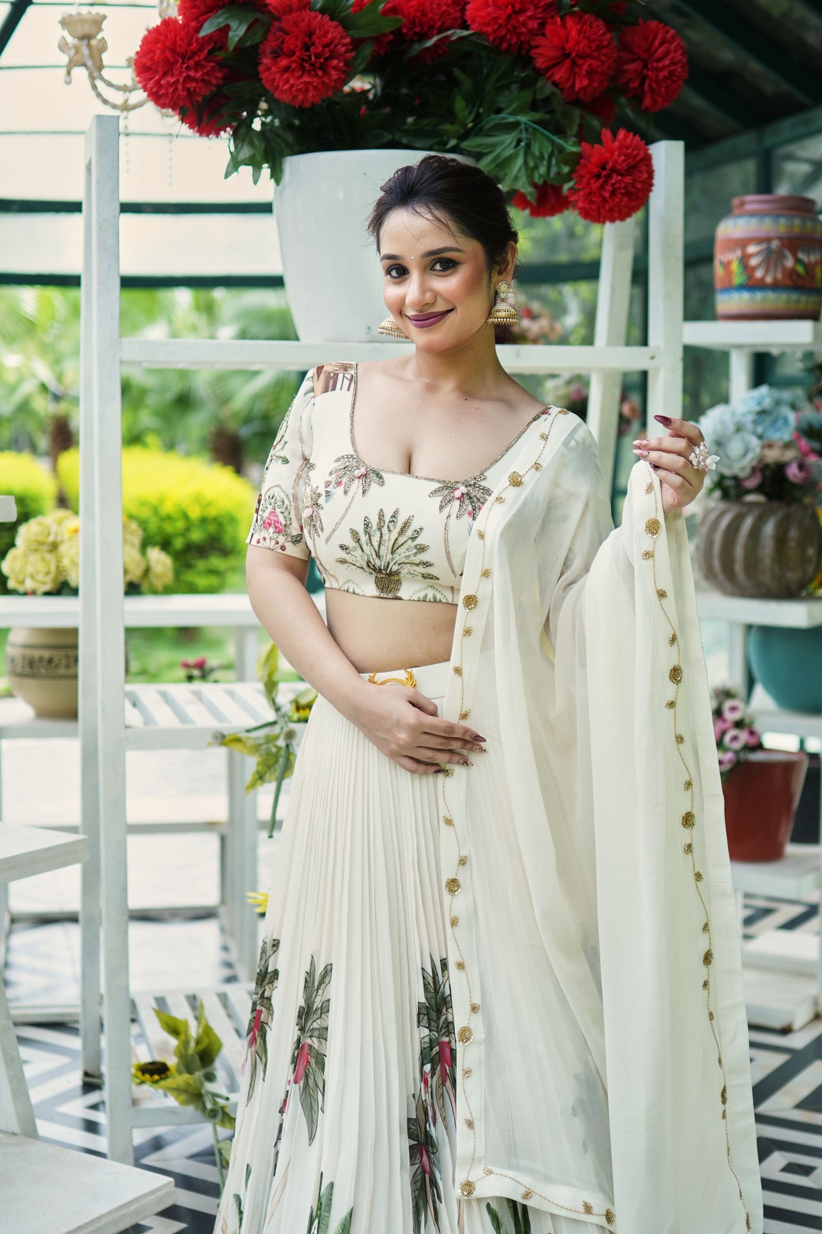 Ivory Botanical Pleated Lehenga Set
