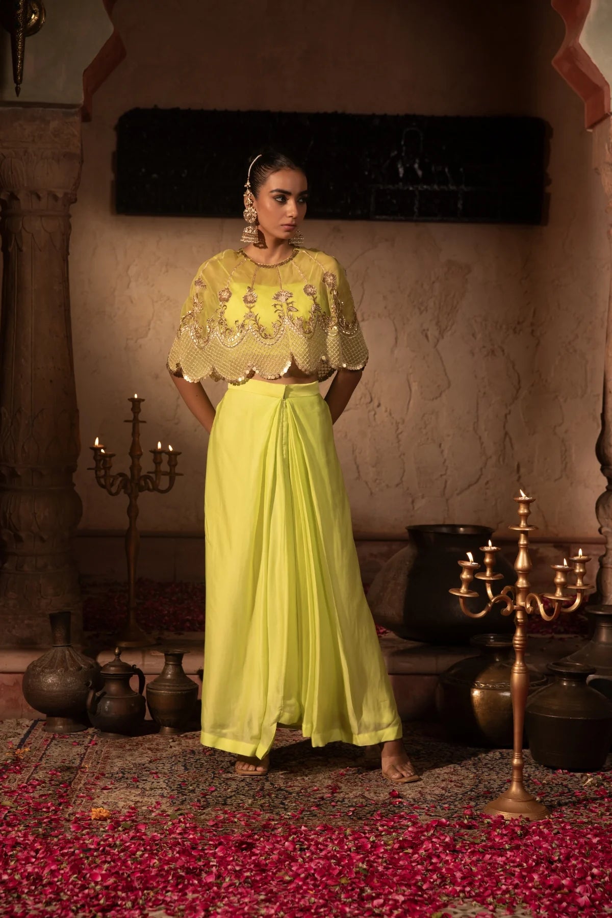 Lime Scaloop Cape Pleated Skirt Set