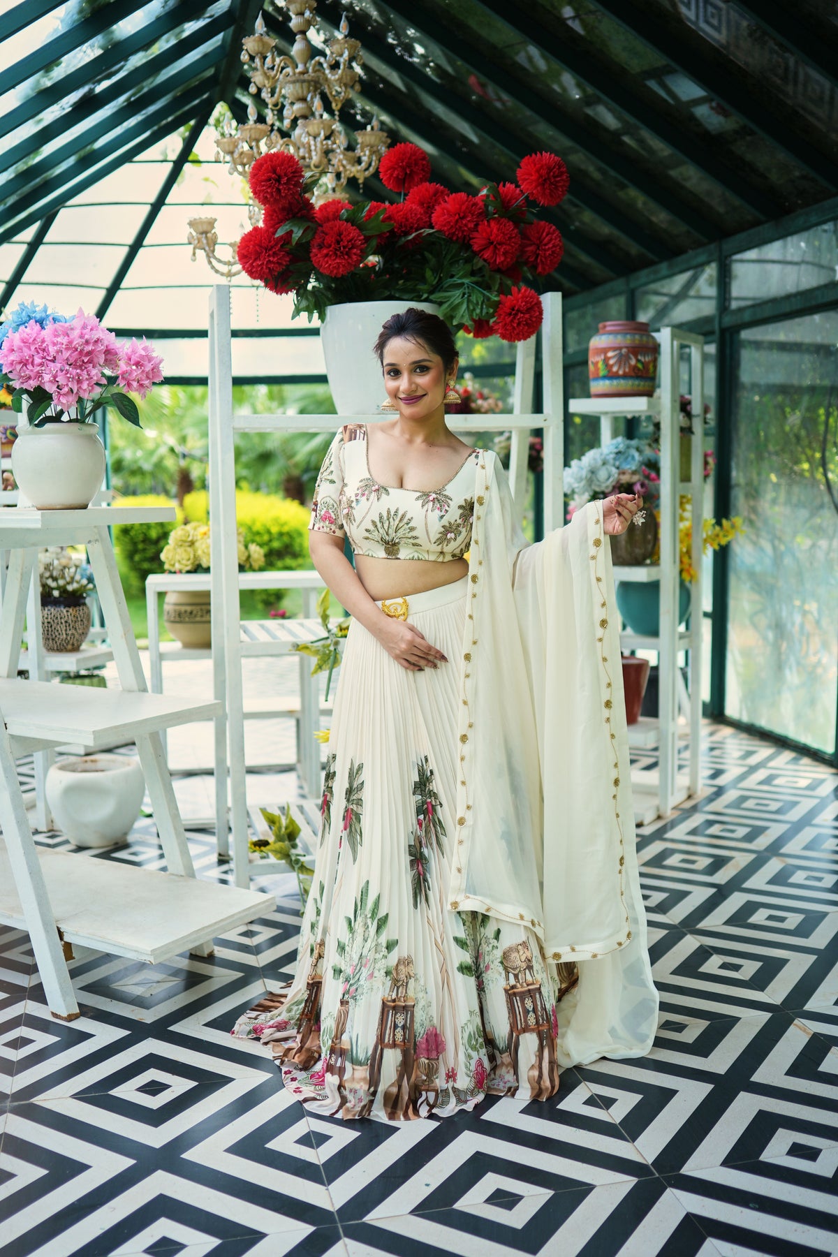 Ivory Botanical Pleated Lehenga Set