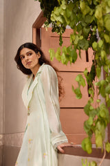 Mint Green Chanderi Long Jacket with Sleeveless Cotton Dress