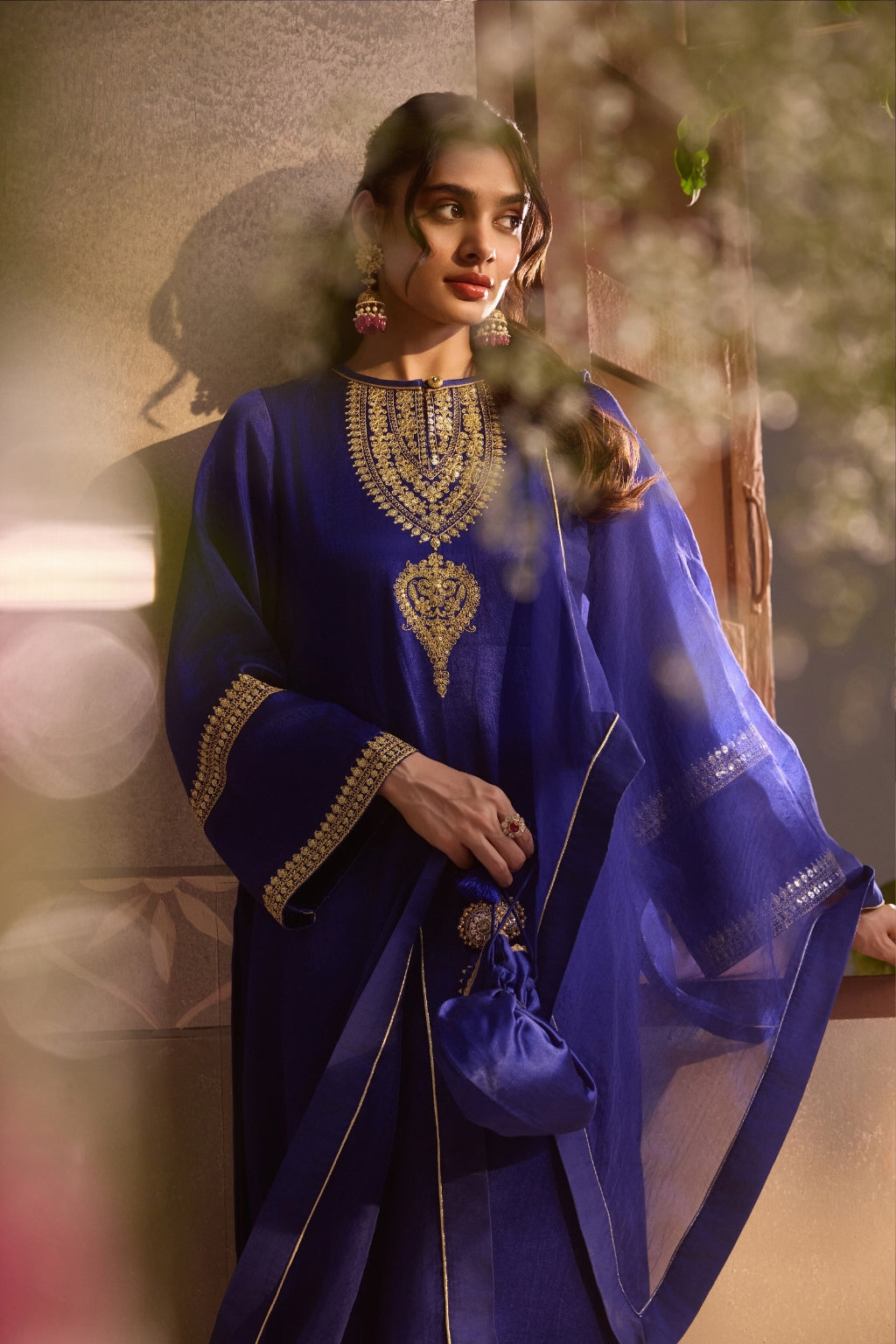 Royal Sapphire Gajji Silk Festive Kurta Set with Organza Dupatta