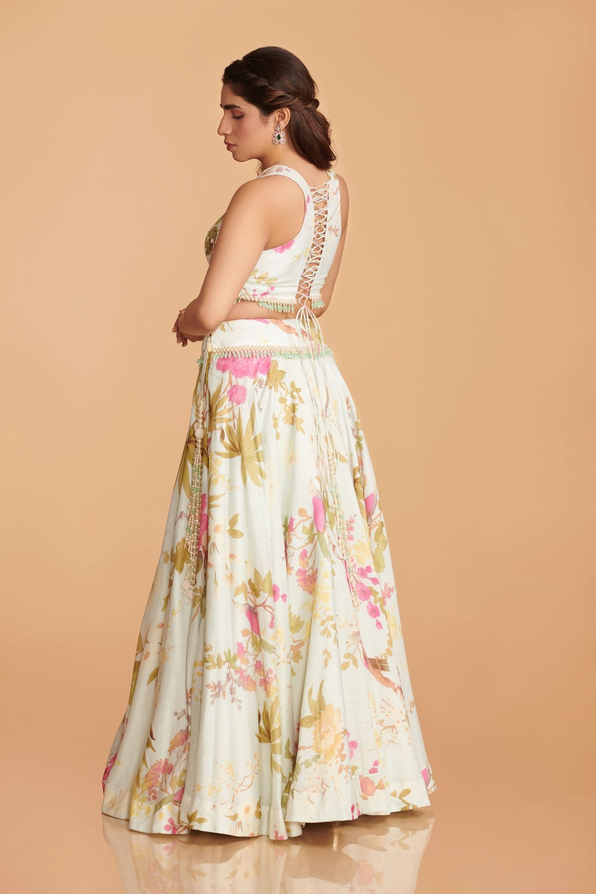 Off-White Multi-Colour Organza Lehenga With Blouse & Dupatta