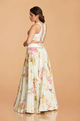 Off-White Multi-Colour Organza Lehenga With Blouse & Dupatta