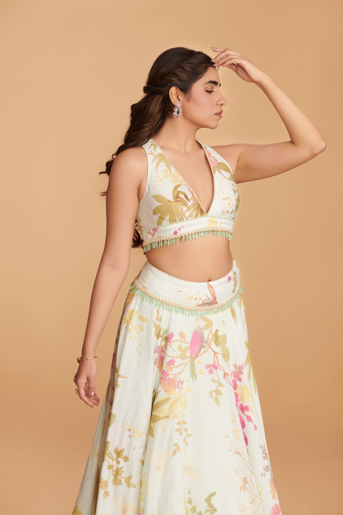 Off-White Multi-Colour Organza Lehenga With Blouse & Dupatta