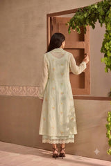 Mint Green Chanderi Long Jacket with Sleeveless Cotton Dress