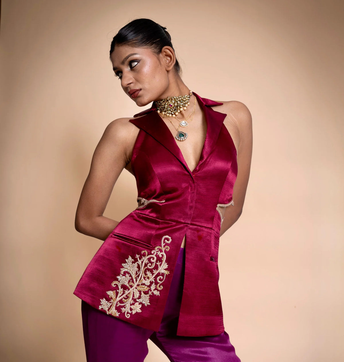 Maroon Hand Embroidered Blazer With Skirt Set