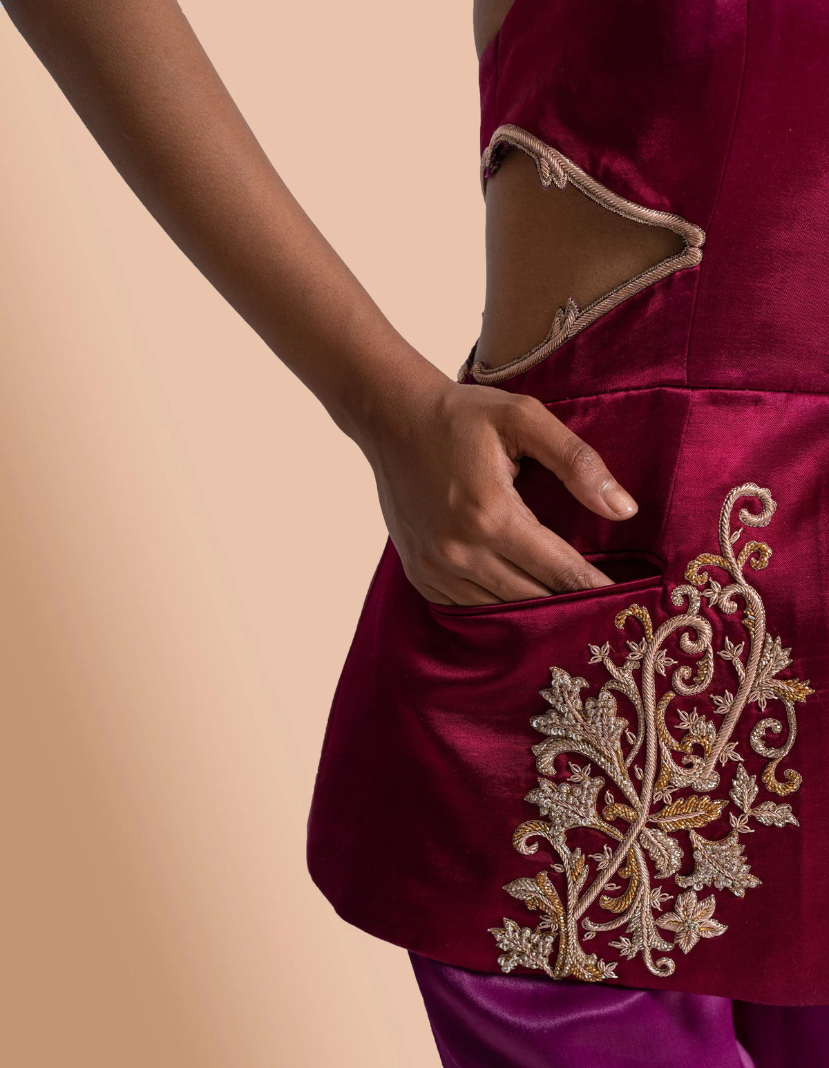 Maroon Hand Embroidered Blazer With Skirt Set
