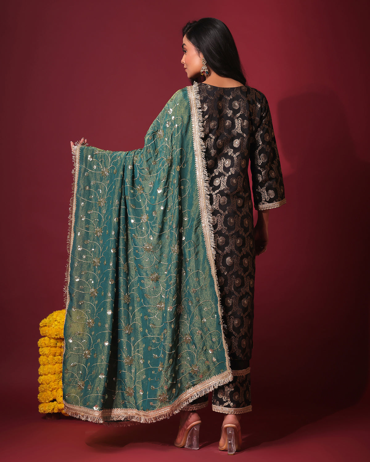 Black Brocade Kurta and Pant with Dupatta