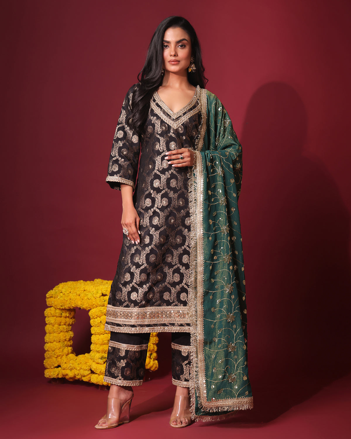 Black Brocade Kurta and Pant with Dupatta