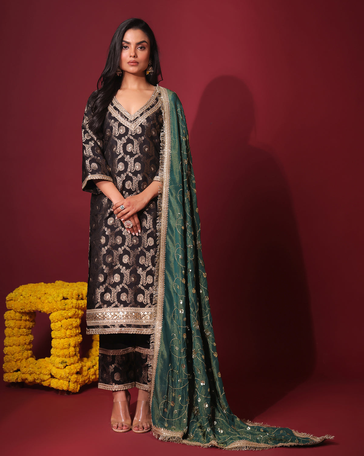 Black Brocade Kurta and Pant with Dupatta