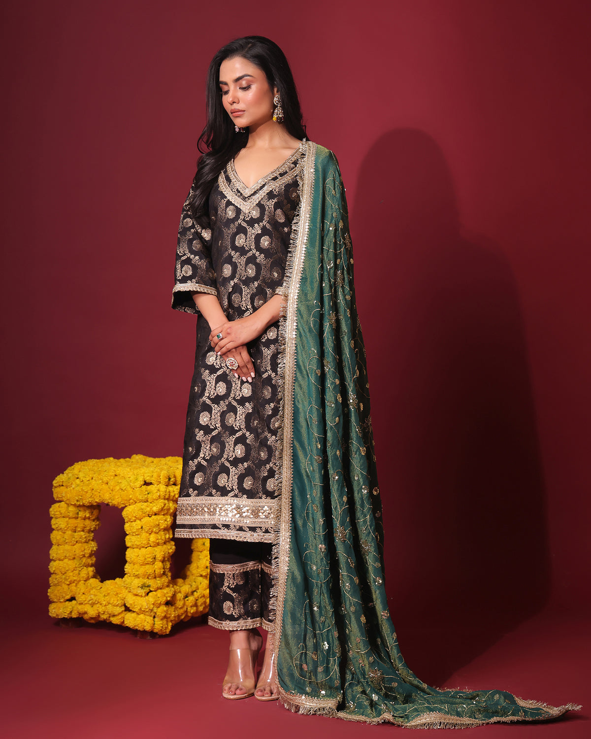 Black Brocade Kurta and Pant with Dupatta
