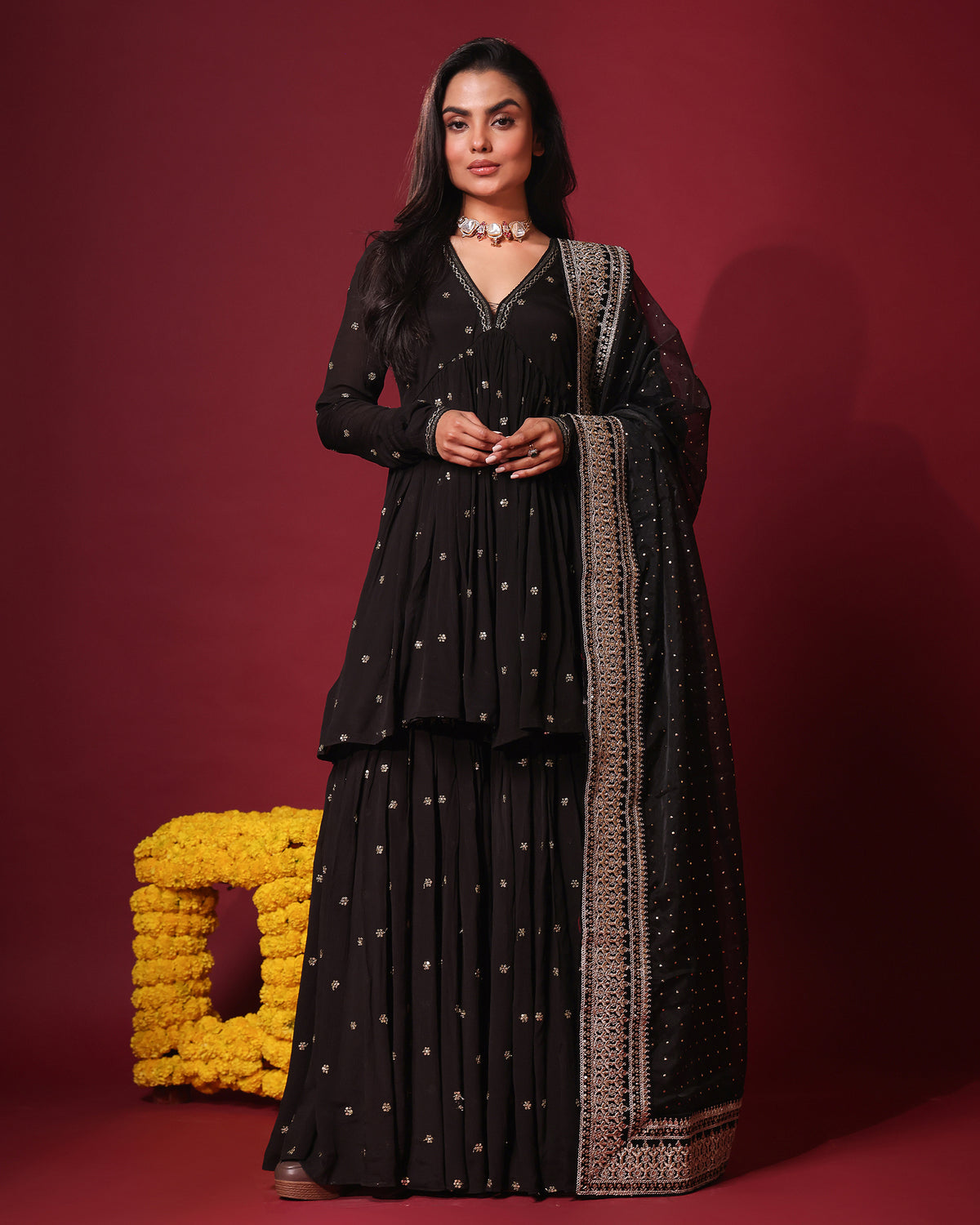 Black Peplum and Gharara Set