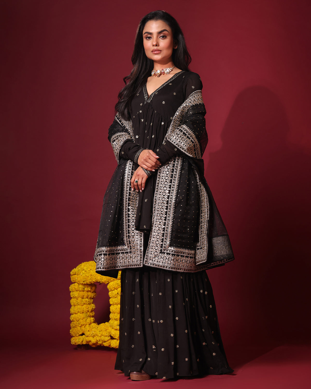 Black Peplum and Gharara Set