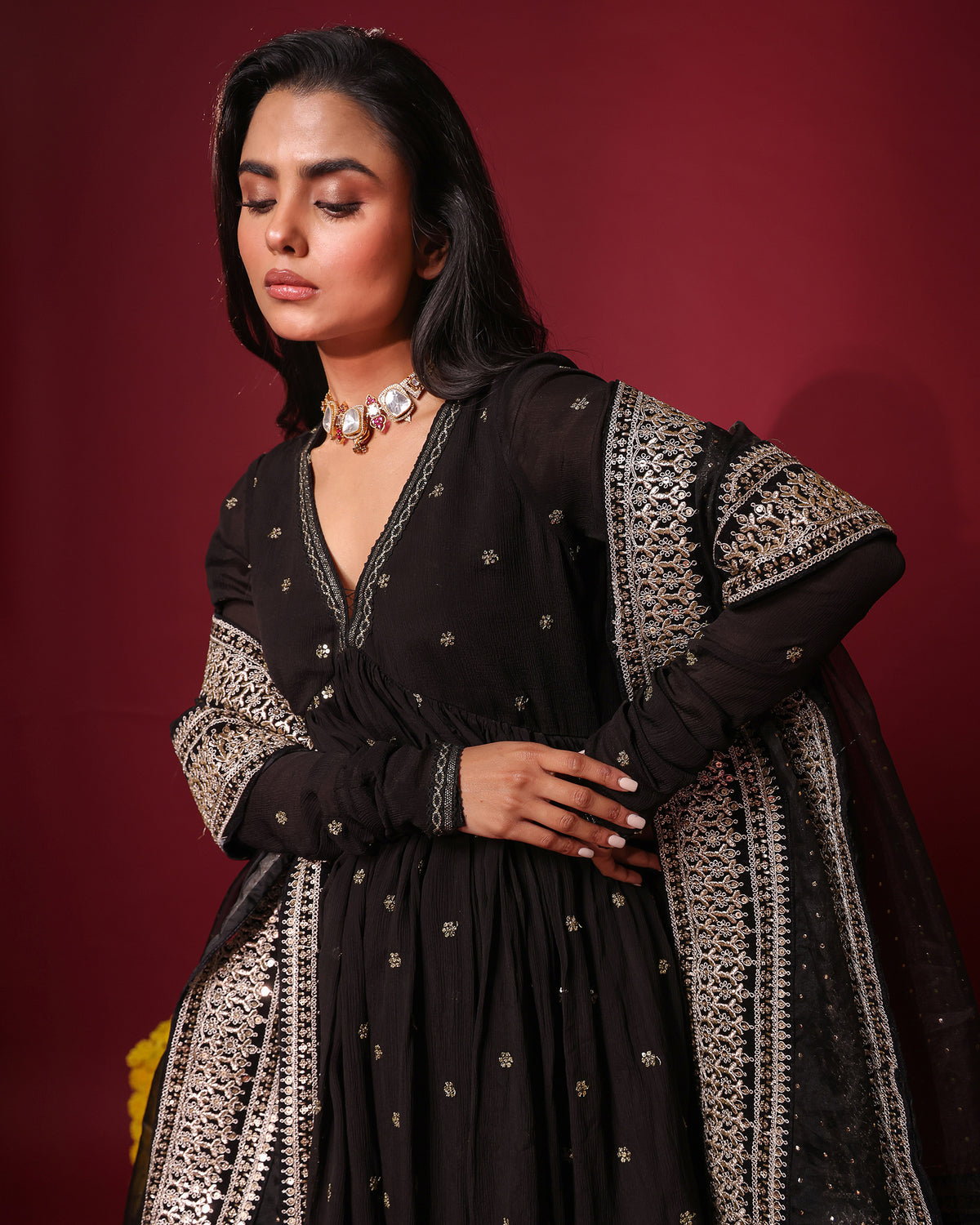 Black Peplum and Gharara Set