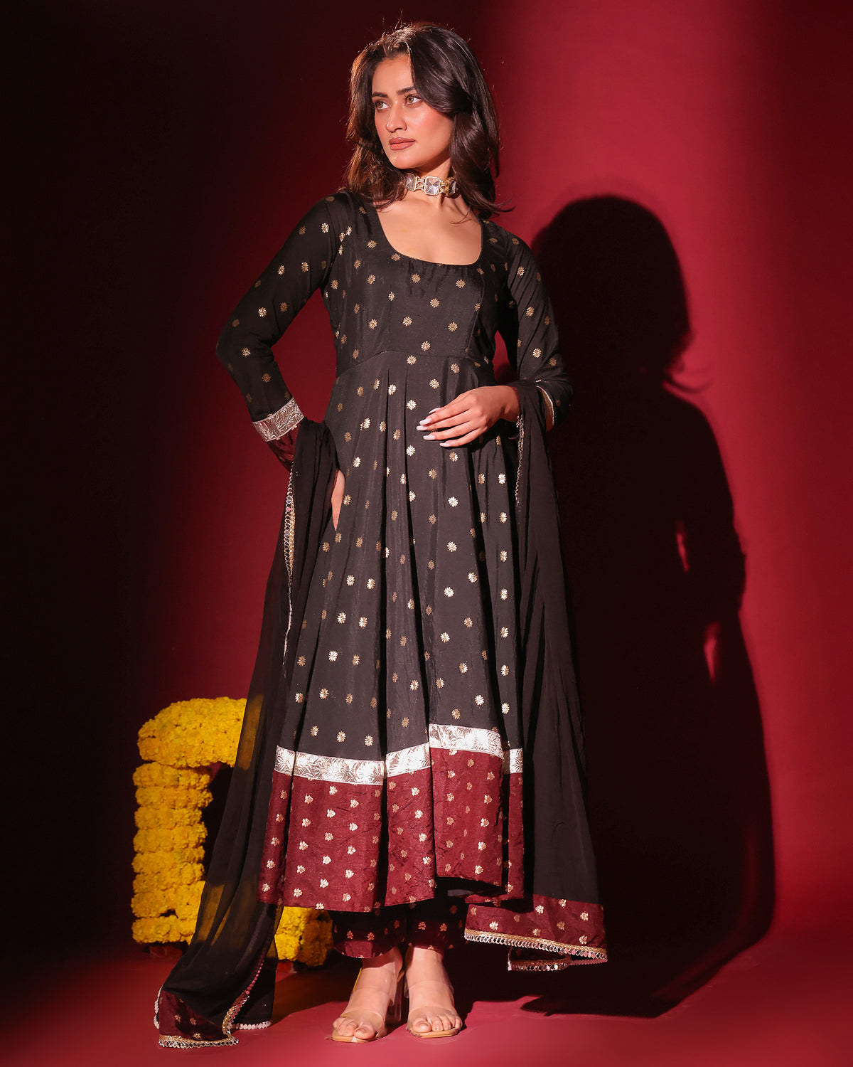 Black Maroon Anarkali Set