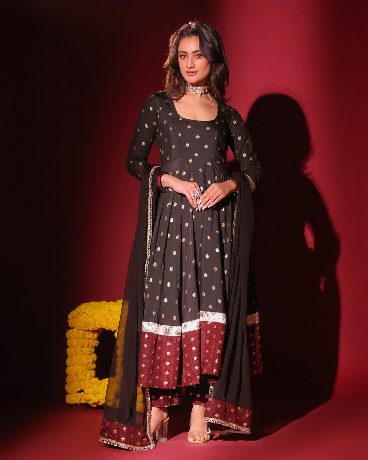 Black Maroon Anarkali Set