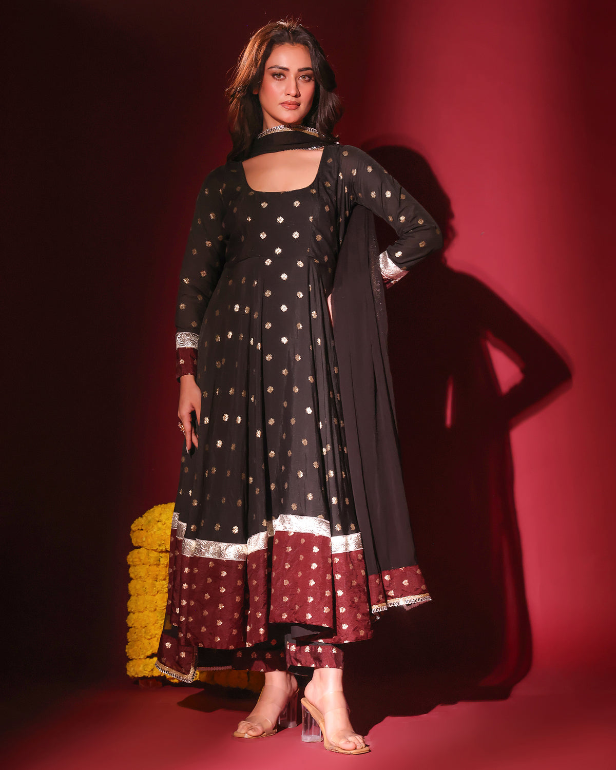Black Maroon Anarkali Set