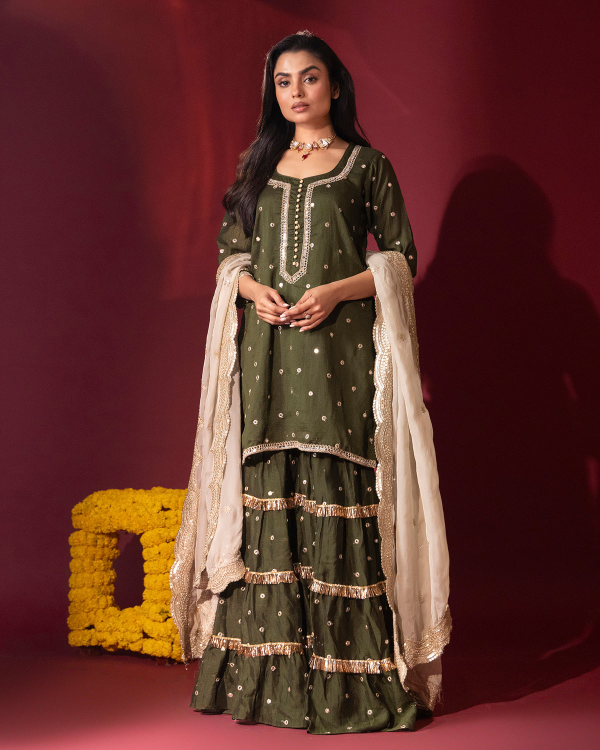 Mehendi Green Silk Kurta Gharara Set