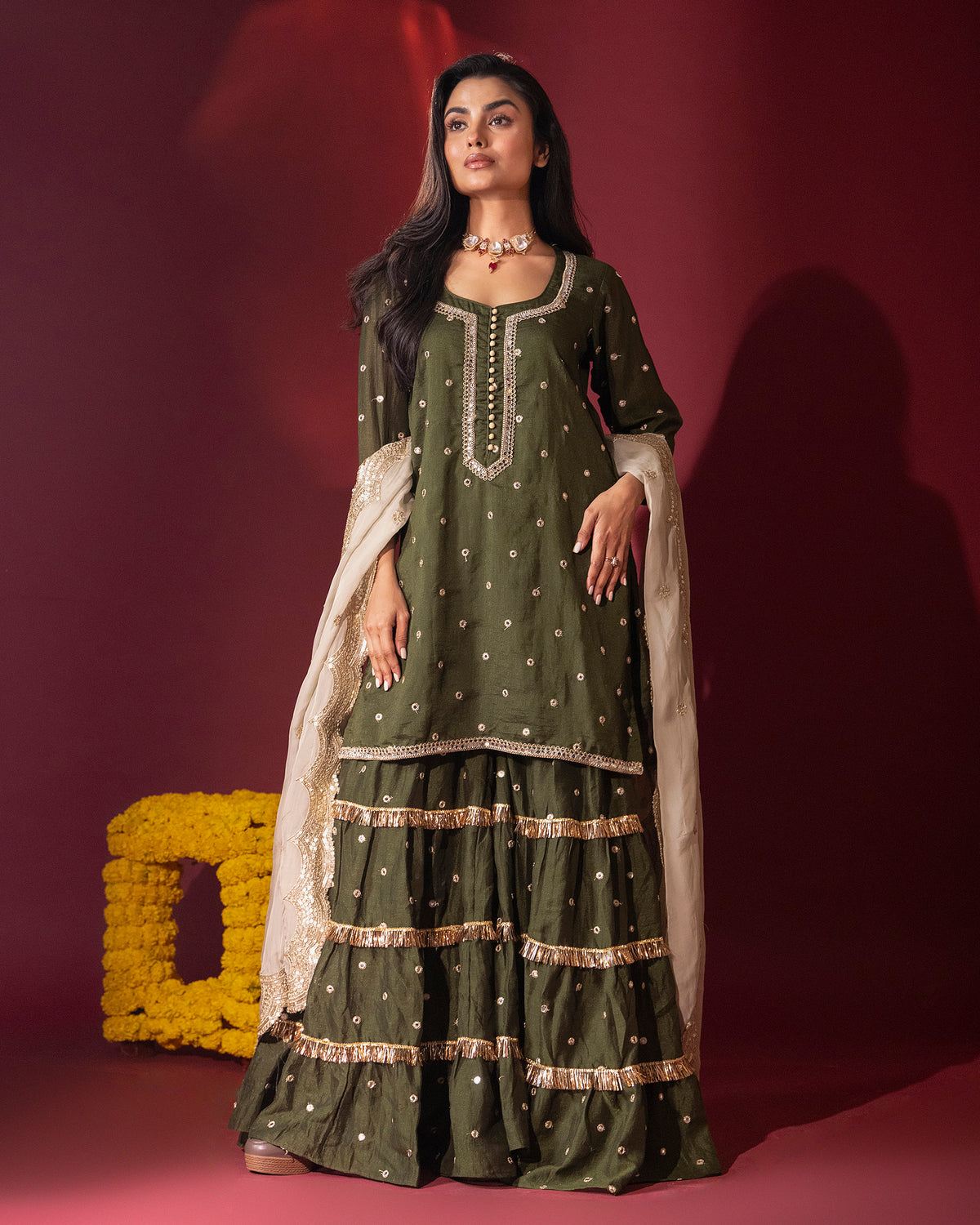 Mehendi Green Silk Kurta Gharara Set
