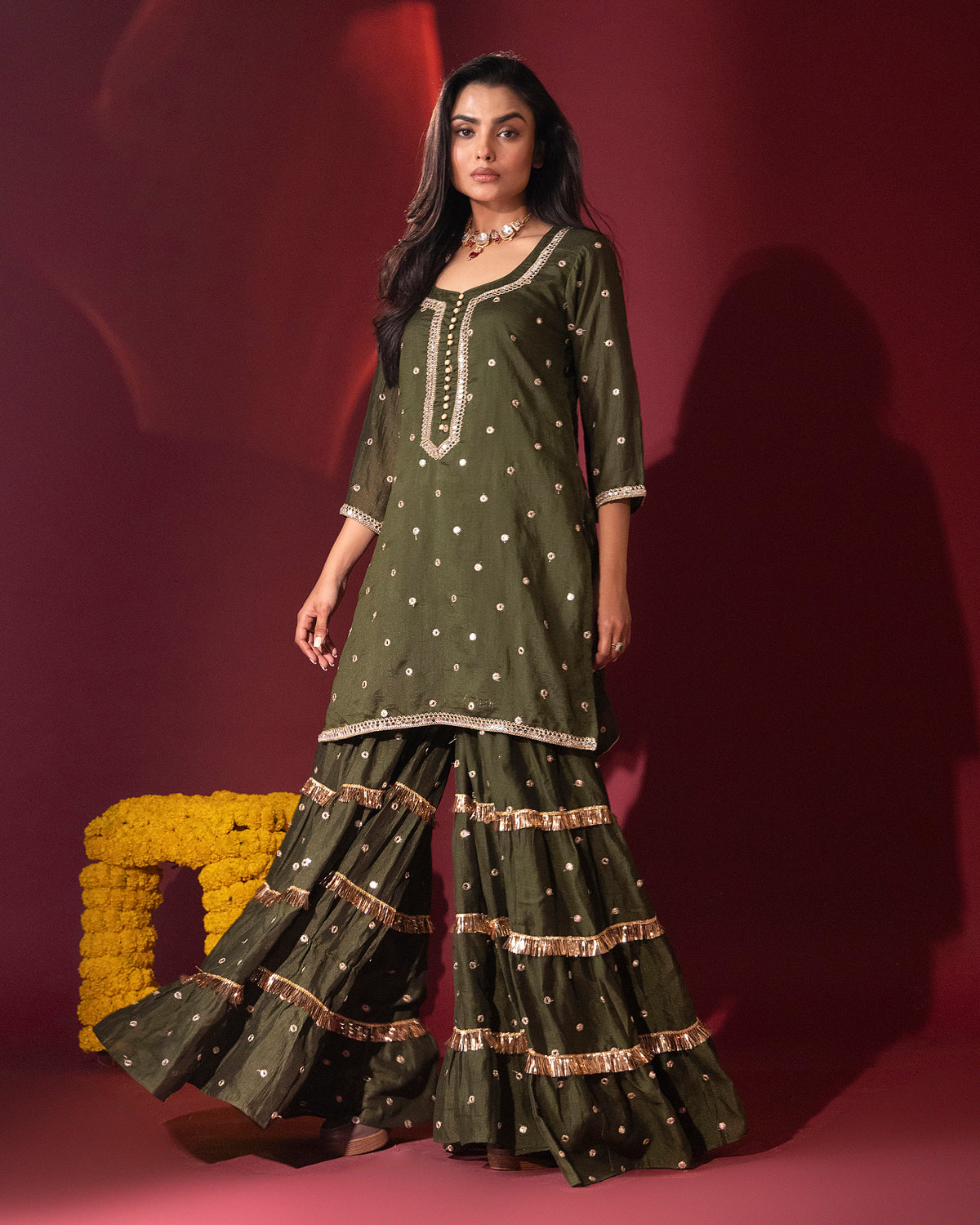 Mehendi Green Silk Kurta Gharara Set