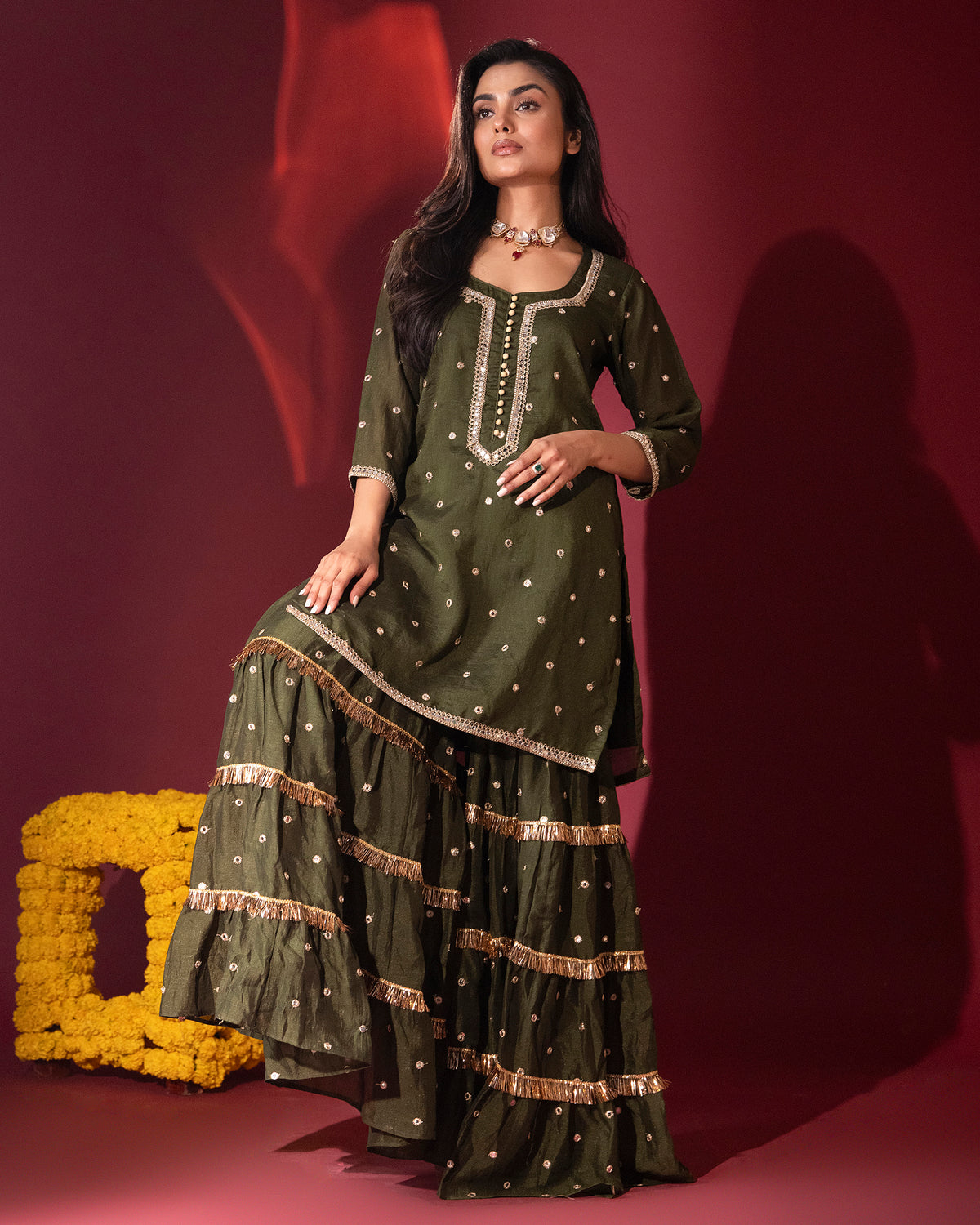 Mehendi Green Silk Kurta Gharara Set