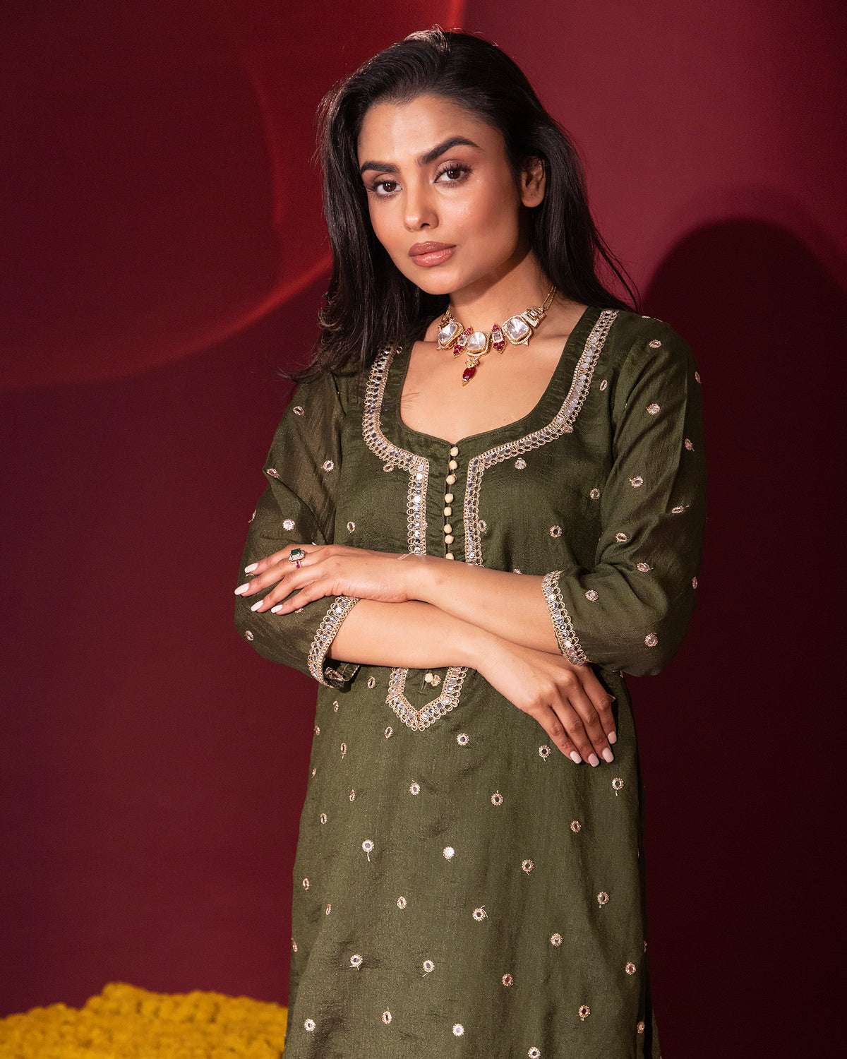 Mehendi Green Silk Kurta Gharara Set