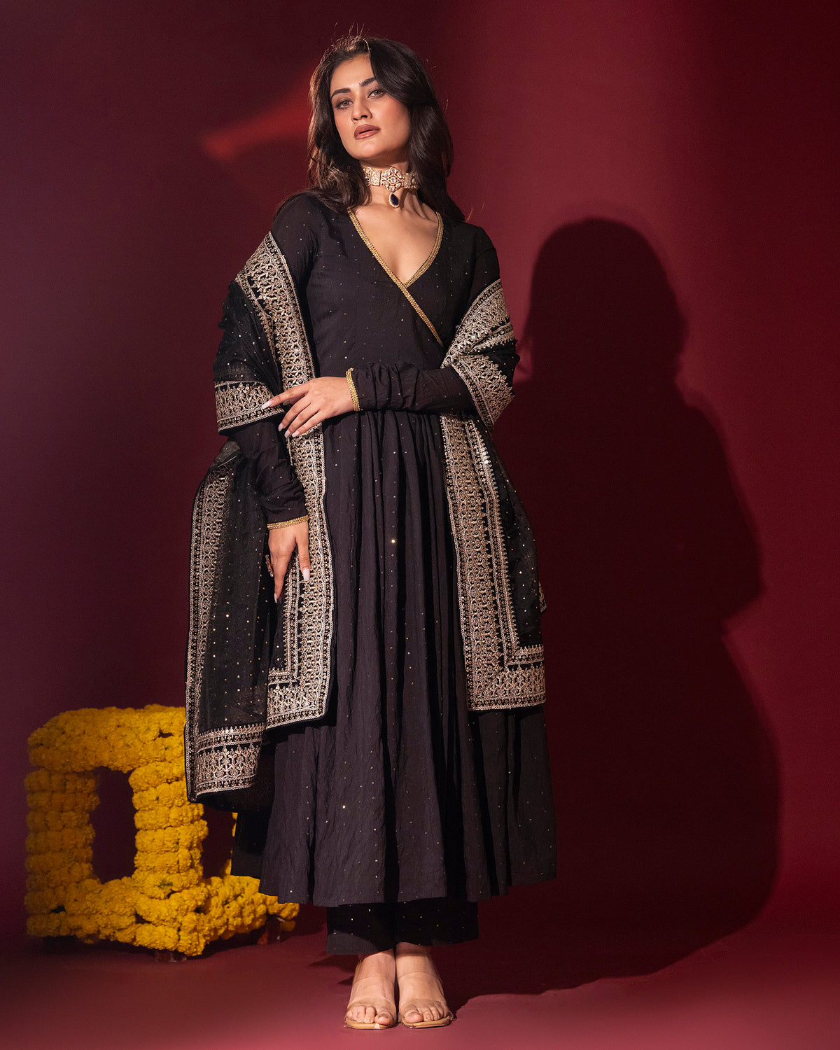 Black Silk Chanderi Anarkali Set