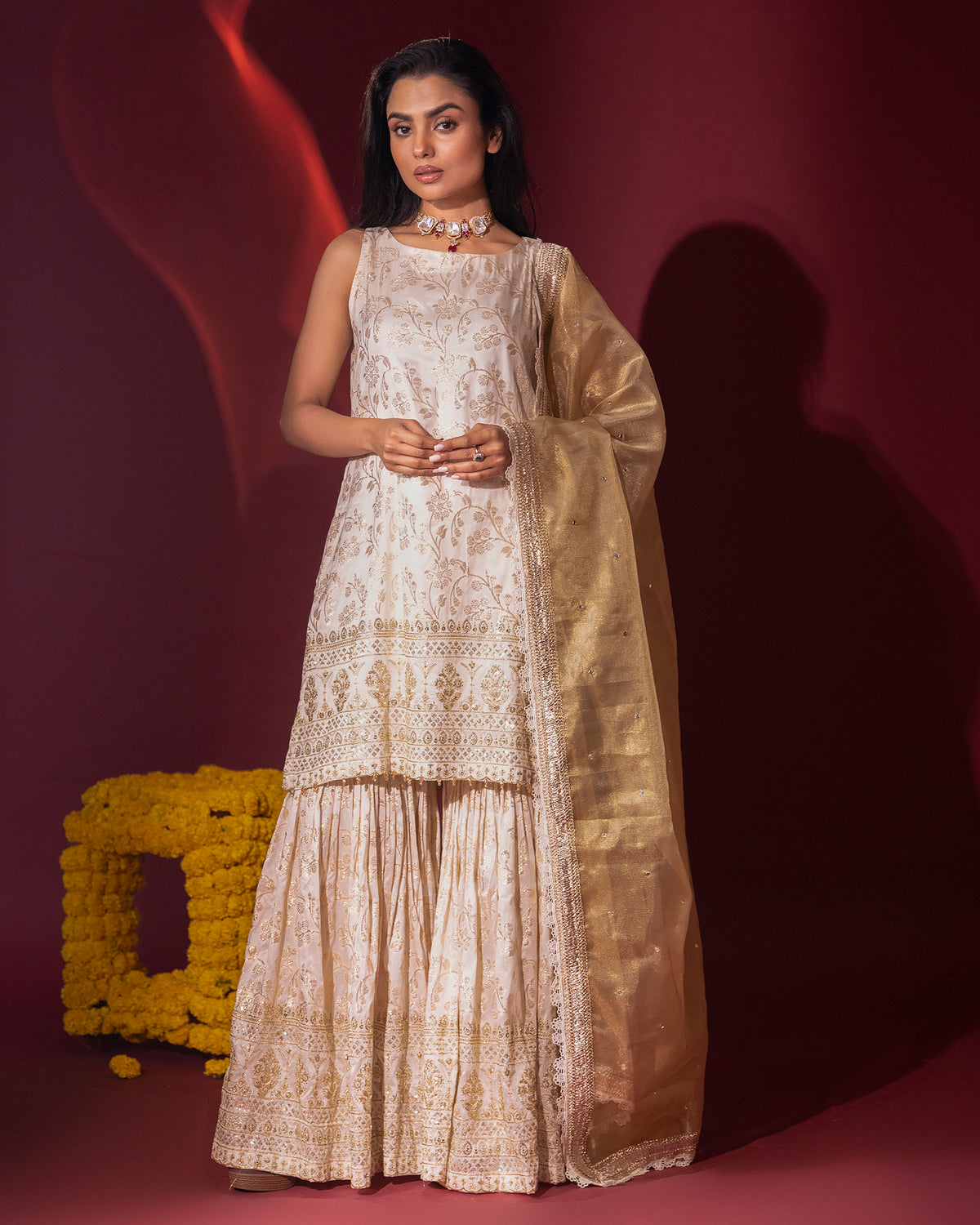 Ivory Brocade Kurta and Gharara Set with Dupatta