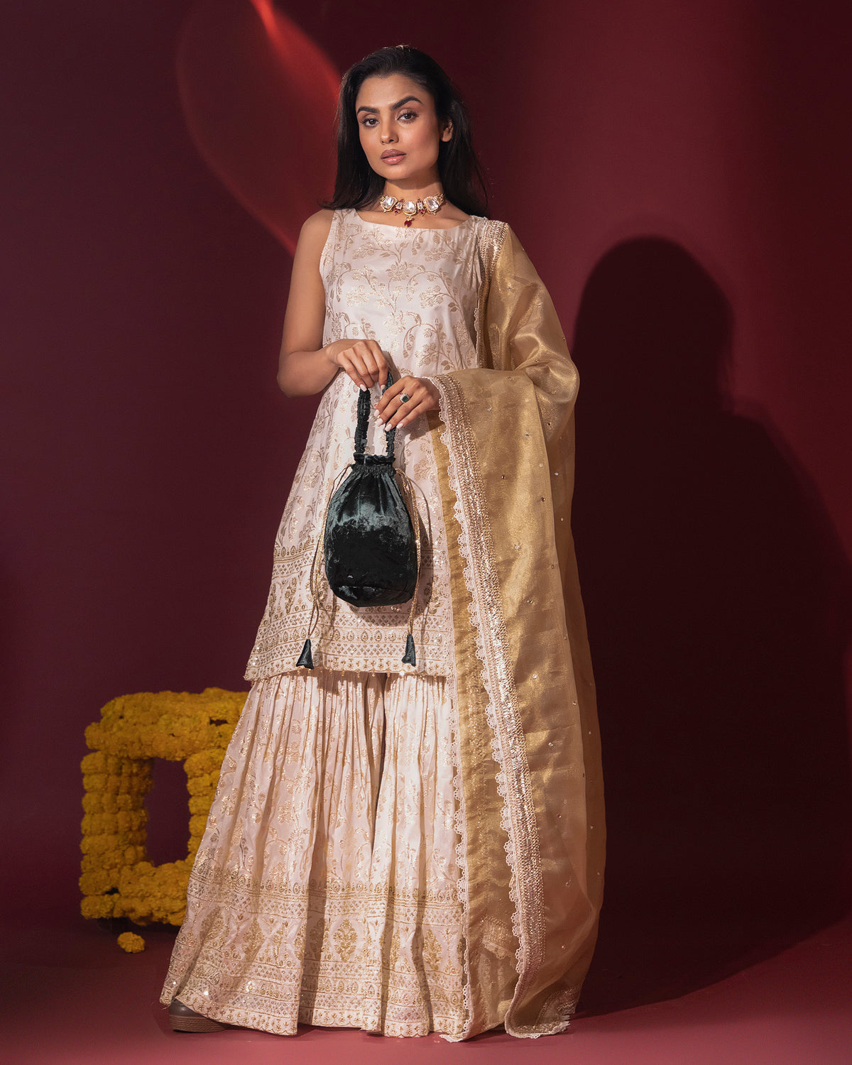 Ivory Brocade Kurta and Gharara Set with Dupatta