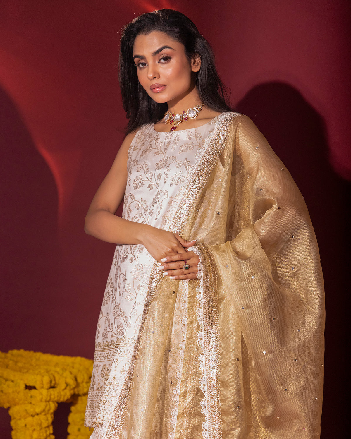 Ivory Brocade Kurta and Gharara Set with Dupatta