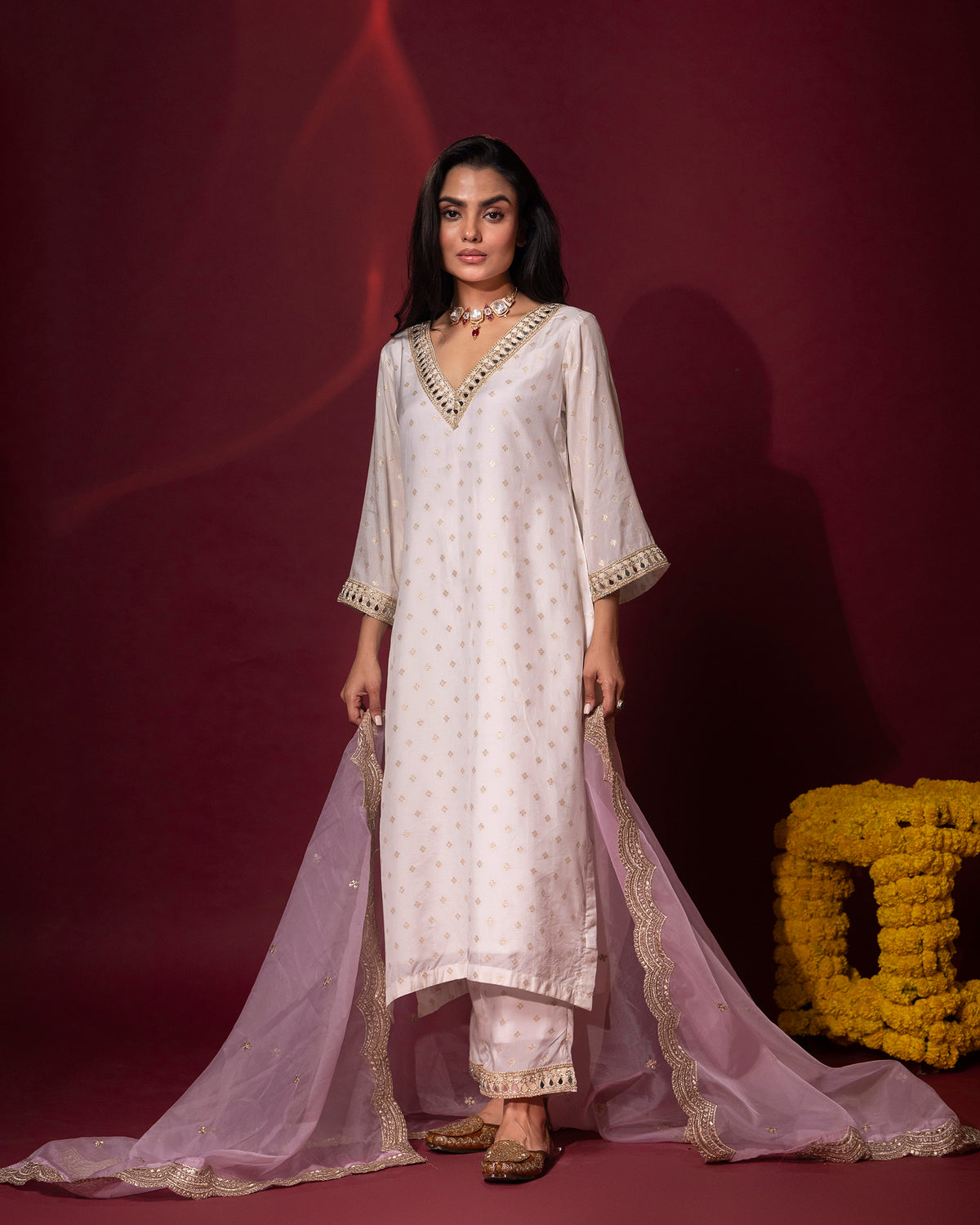 Ivory Silk Kurta Set with Organza Dupatta