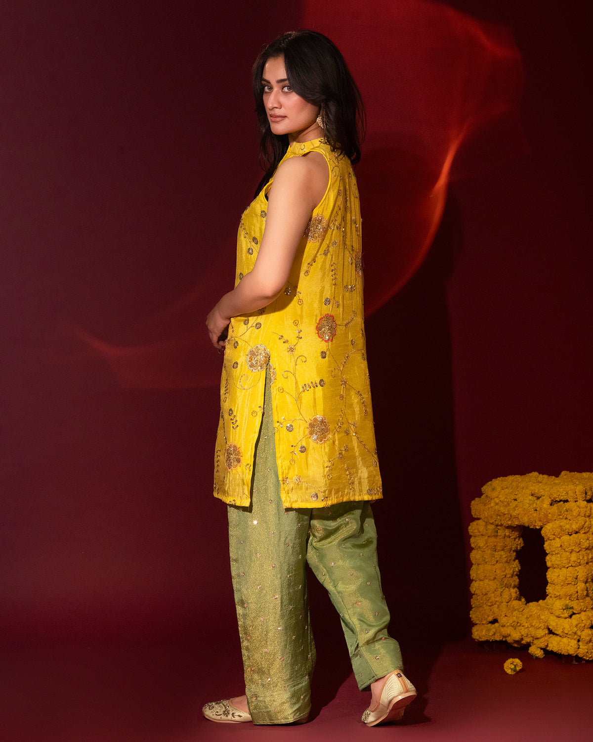 Haldi Yellow Tissue Halter Top & Farshi Salwar Set