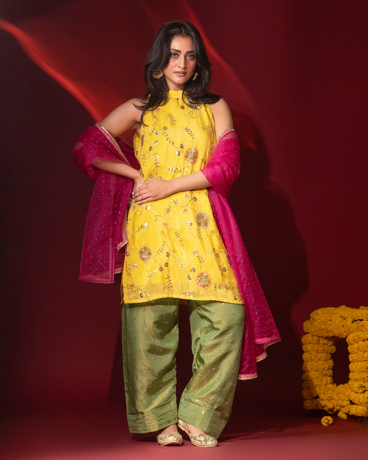Haldi Yellow Tissue Halter Top & Farshi Salwar Set