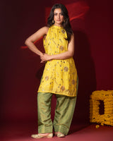Haldi Yellow Tissue Halter Top & Farshi Salwar Set
