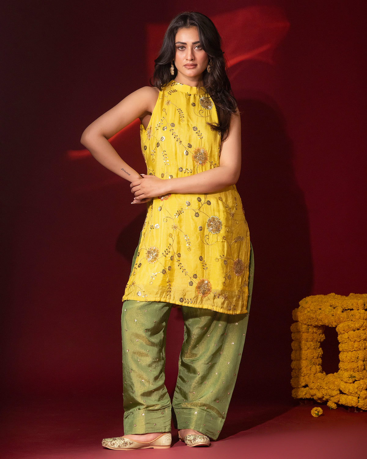 Haldi Yellow Tissue Halter Top & Farshi Salwar Set