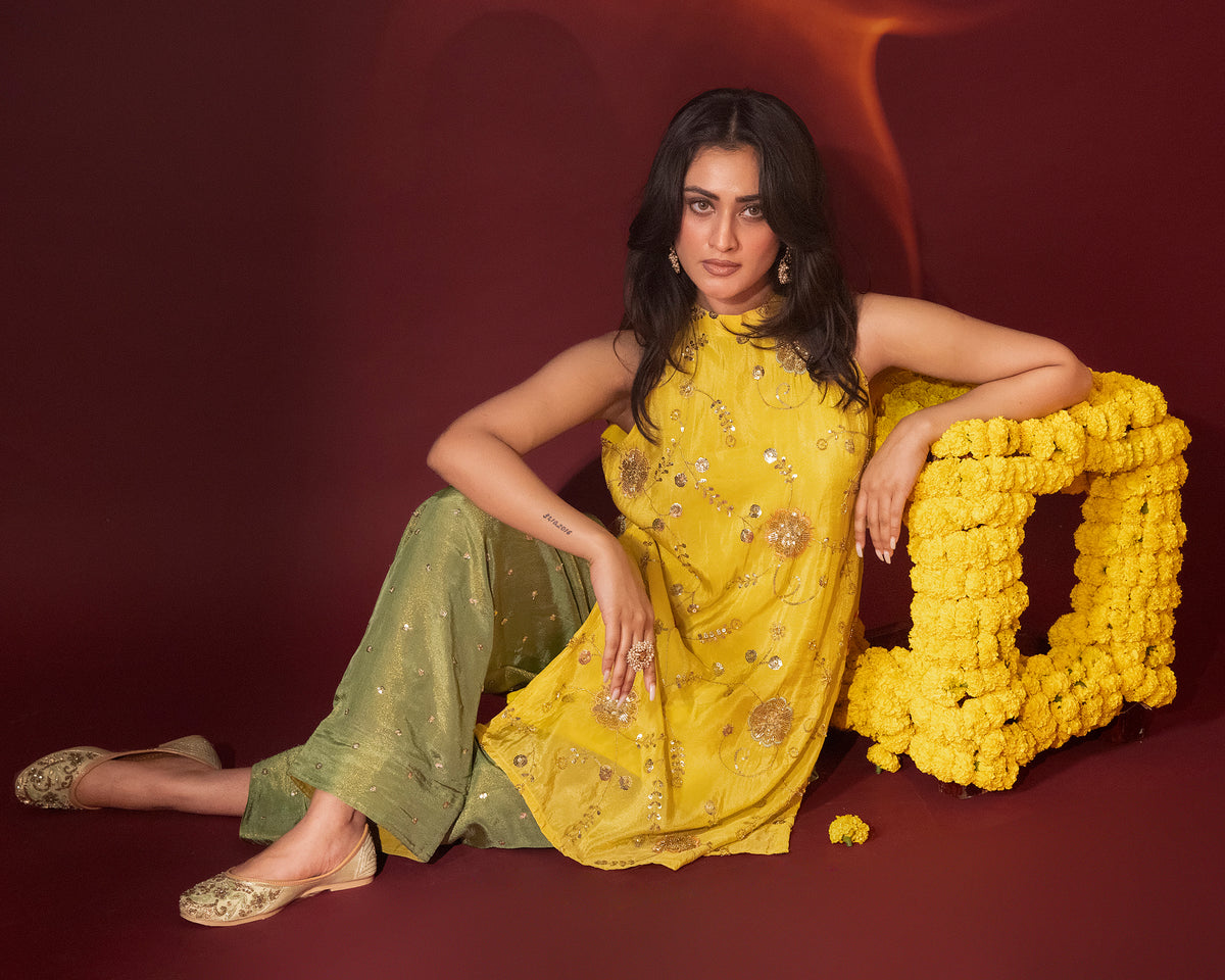 Haldi Yellow Tissue Halter Top & Farshi Salwar Set