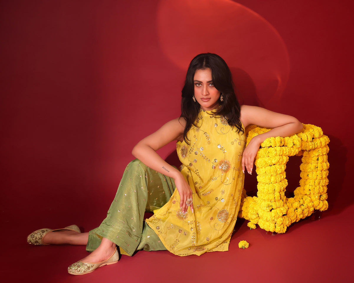 Haldi Yellow Tissue Halter Top & Farshi Salwar Set
