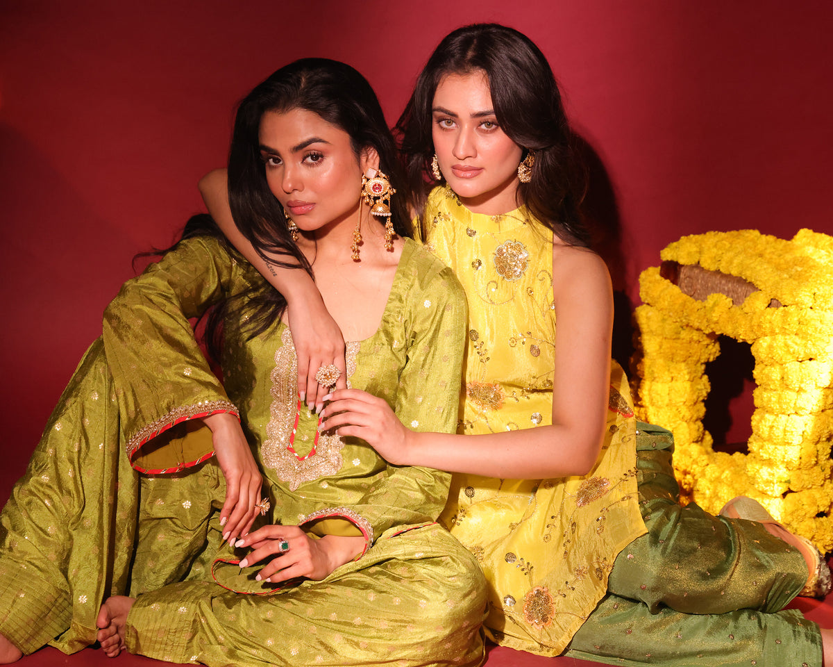 Haldi Yellow Tissue Halter Top & Farshi Salwar Set